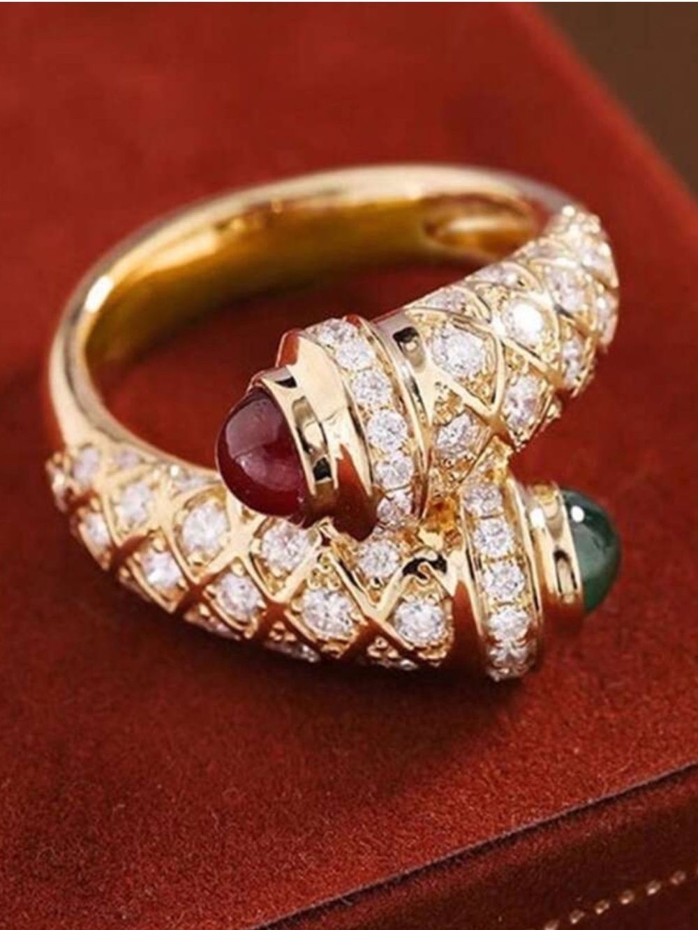 Gold Open Ring with Red and Green Cabochons